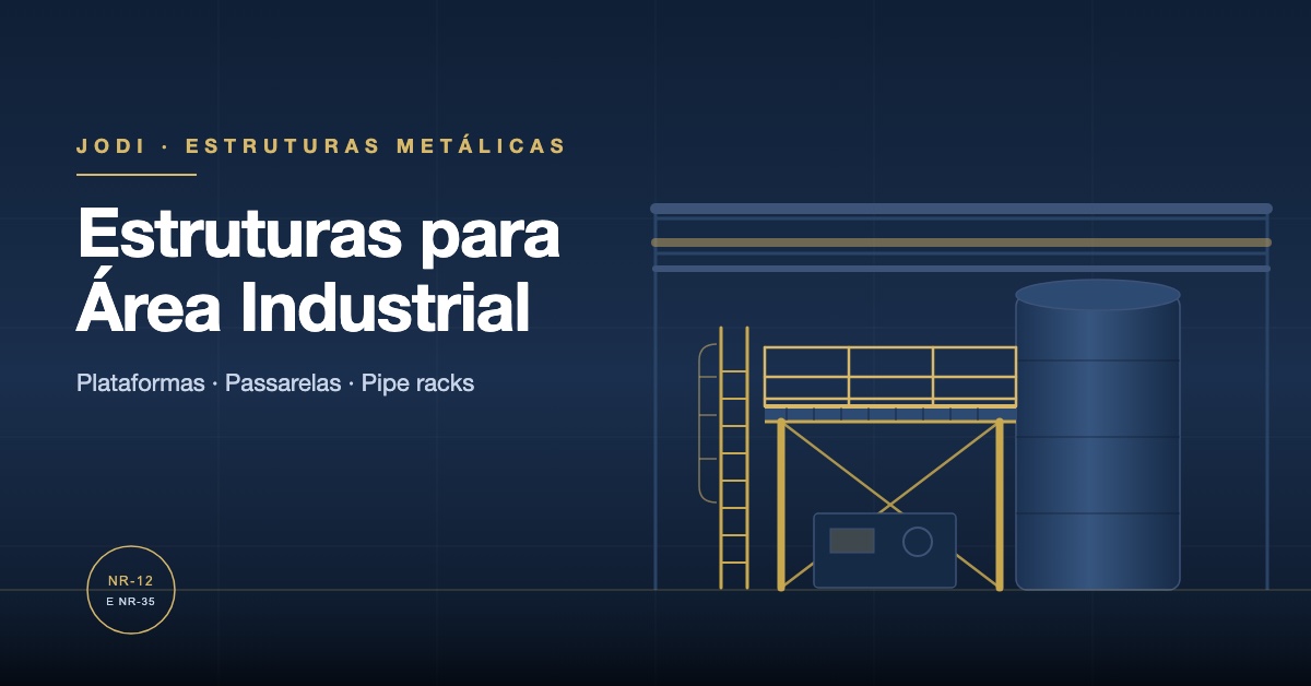 Ilustração de plataforma industrial metálica com guarda-corpo, escada tipo marinheiro, tanque e pipe rack