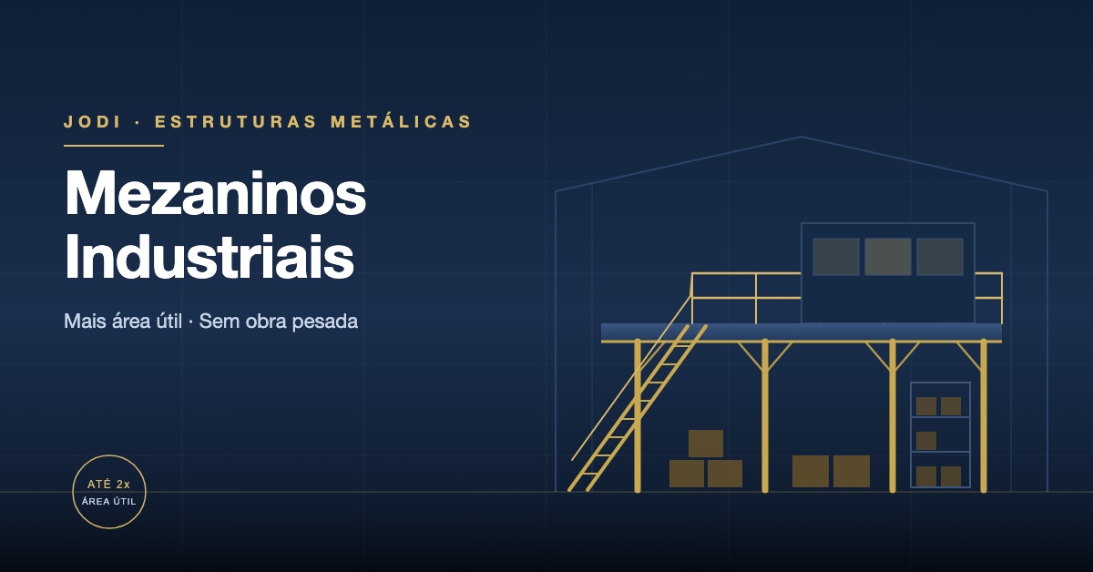 Ilustração de mezanino industrial metálico com escada, guarda-corpo e escritório sobre área de estoque