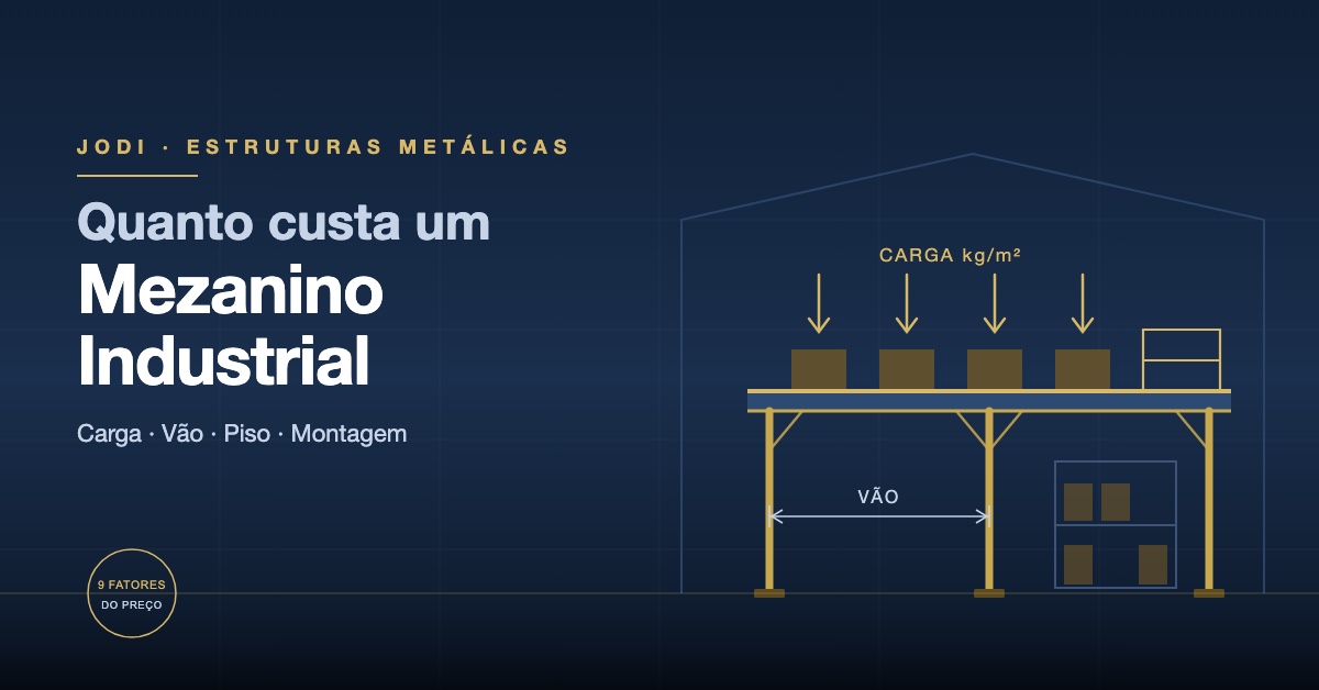 Ilustração de mezanino metálico industrial com setas de carga sobre os paletes e a medida do vão entre colunas